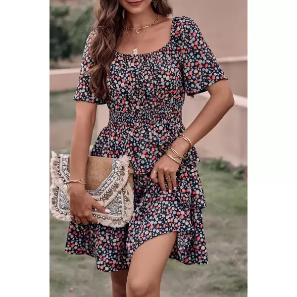 imagePRETTYGARDEN Womens 2024 Floral Summer Short Dress Square Neck Short Sleeve Tiered Ruffle Boho Swing DressesFloral Black Red