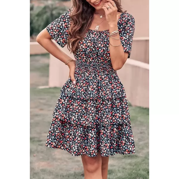 imagePRETTYGARDEN Womens 2024 Floral Summer Short Dress Square Neck Short Sleeve Tiered Ruffle Boho Swing DressesFloral Black Red