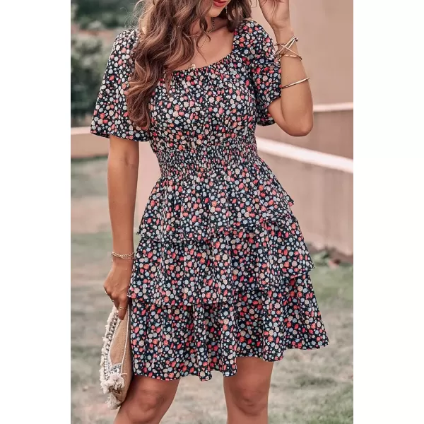 imagePRETTYGARDEN Womens 2024 Floral Summer Short Dress Square Neck Short Sleeve Tiered Ruffle Boho Swing DressesFloral Black Red