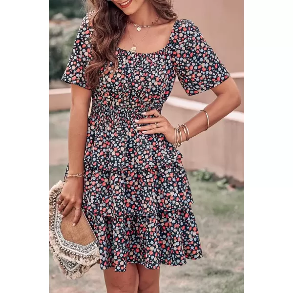 imagePRETTYGARDEN Womens 2024 Floral Summer Short Dress Square Neck Short Sleeve Tiered Ruffle Boho Swing DressesFloral Black Red