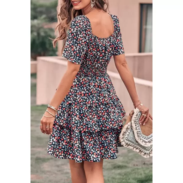 imagePRETTYGARDEN Womens 2024 Floral Summer Short Dress Square Neck Short Sleeve Tiered Ruffle Boho Swing DressesFloral Black Red
