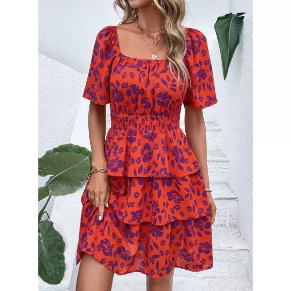 imagePRETTYGARDEN Womens 2024 Floral Summer Short Dress Square Neck Short Sleeve Tiered Ruffle Boho Swing DressesOrange Purple Floral
