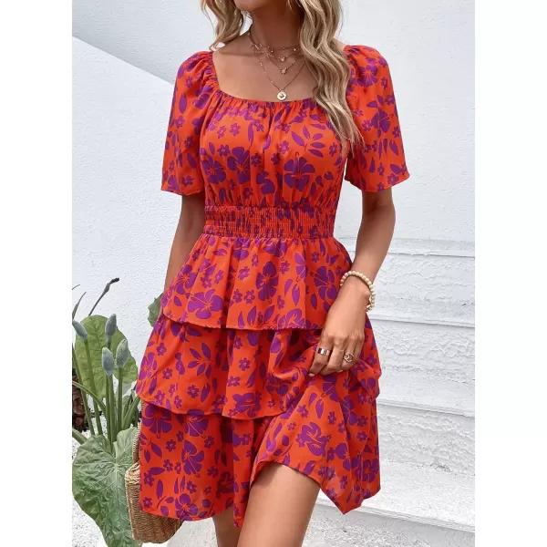 imagePRETTYGARDEN Womens 2024 Floral Summer Short Dress Square Neck Short Sleeve Tiered Ruffle Boho Swing DressesOrange Purple Floral