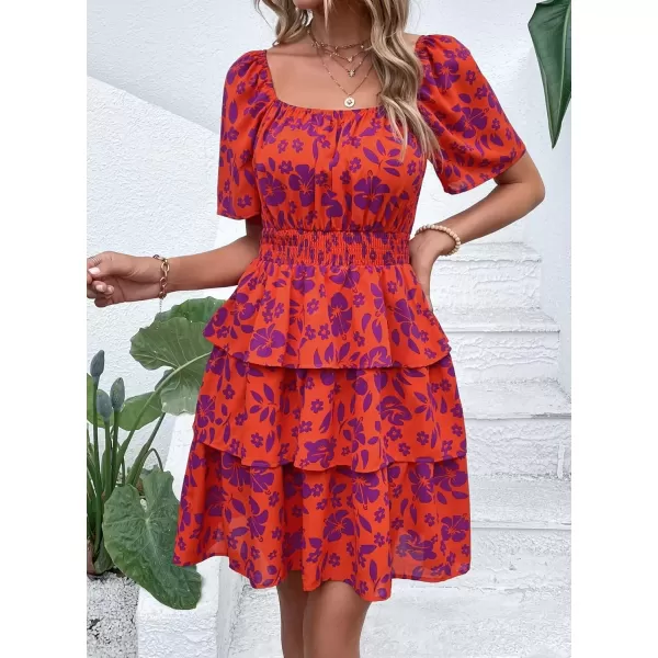 imagePRETTYGARDEN Womens 2024 Floral Summer Short Dress Square Neck Short Sleeve Tiered Ruffle Boho Swing DressesOrange Purple Floral