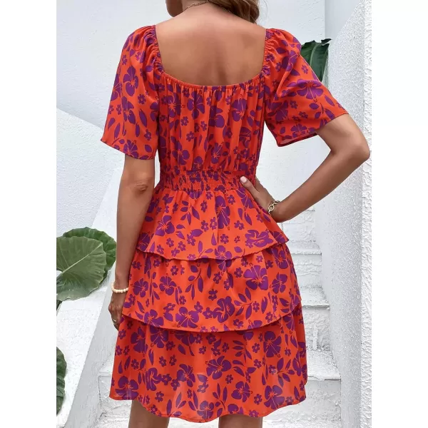 imagePRETTYGARDEN Womens 2024 Floral Summer Short Dress Square Neck Short Sleeve Tiered Ruffle Boho Swing DressesOrange Purple Floral