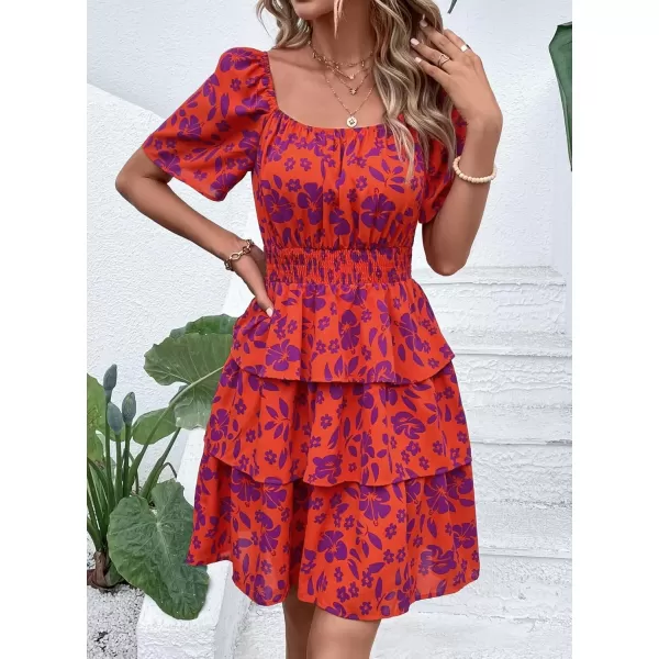imagePRETTYGARDEN Womens 2024 Floral Summer Short Dress Square Neck Short Sleeve Tiered Ruffle Boho Swing DressesOrange Purple Floral