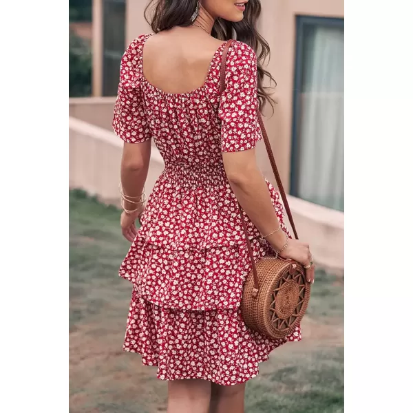 imagePRETTYGARDEN Womens 2024 Floral Summer Short Dress Square Neck Short Sleeve Tiered Ruffle Boho Swing DressesRed
