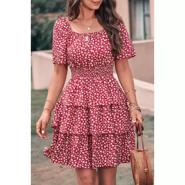 imagePRETTYGARDEN Womens 2024 Floral Summer Short Dress Square Neck Short Sleeve Tiered Ruffle Boho Swing DressesRed
