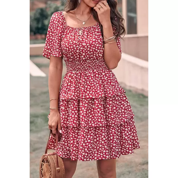 imagePRETTYGARDEN Womens 2024 Floral Summer Short Dress Square Neck Short Sleeve Tiered Ruffle Boho Swing DressesRed
