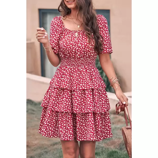 imagePRETTYGARDEN Womens 2024 Floral Summer Short Dress Square Neck Short Sleeve Tiered Ruffle Boho Swing DressesRed