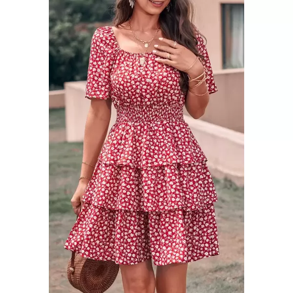 imagePRETTYGARDEN Womens 2024 Floral Summer Short Dress Square Neck Short Sleeve Tiered Ruffle Boho Swing DressesRed