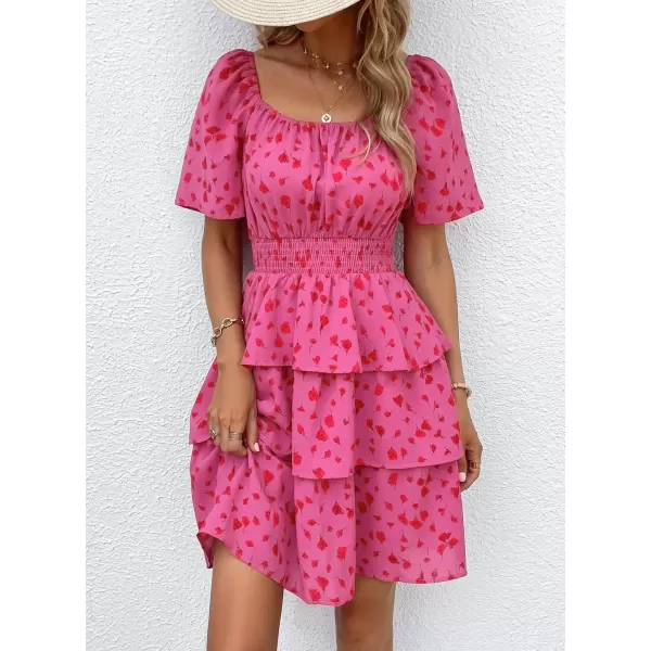 imagePRETTYGARDEN Womens 2024 Floral Summer Short Dress Square Neck Short Sleeve Tiered Ruffle Boho Swing DressesRed Floral