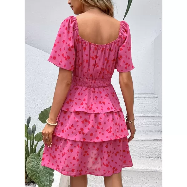 imagePRETTYGARDEN Womens 2024 Floral Summer Short Dress Square Neck Short Sleeve Tiered Ruffle Boho Swing DressesRed Floral