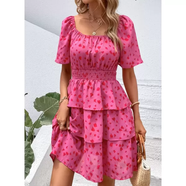 imagePRETTYGARDEN Womens 2024 Floral Summer Short Dress Square Neck Short Sleeve Tiered Ruffle Boho Swing DressesRed Floral