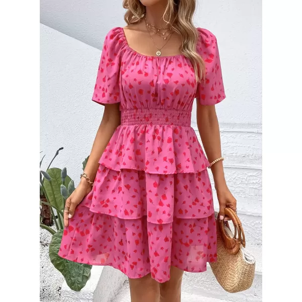 imagePRETTYGARDEN Womens 2024 Floral Summer Short Dress Square Neck Short Sleeve Tiered Ruffle Boho Swing DressesRed Floral