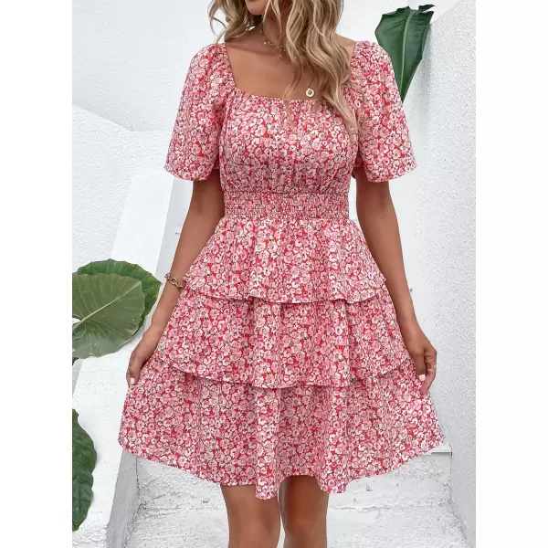 imagePRETTYGARDEN Womens 2024 Floral Summer Short Dress Square Neck Short Sleeve Tiered Ruffle Boho Swing DressesRed Pink Floral