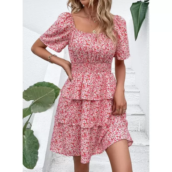 imagePRETTYGARDEN Womens 2024 Floral Summer Short Dress Square Neck Short Sleeve Tiered Ruffle Boho Swing DressesRed Pink Floral