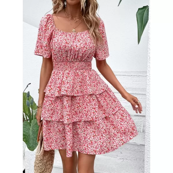 imagePRETTYGARDEN Womens 2024 Floral Summer Short Dress Square Neck Short Sleeve Tiered Ruffle Boho Swing DressesRed Pink Floral