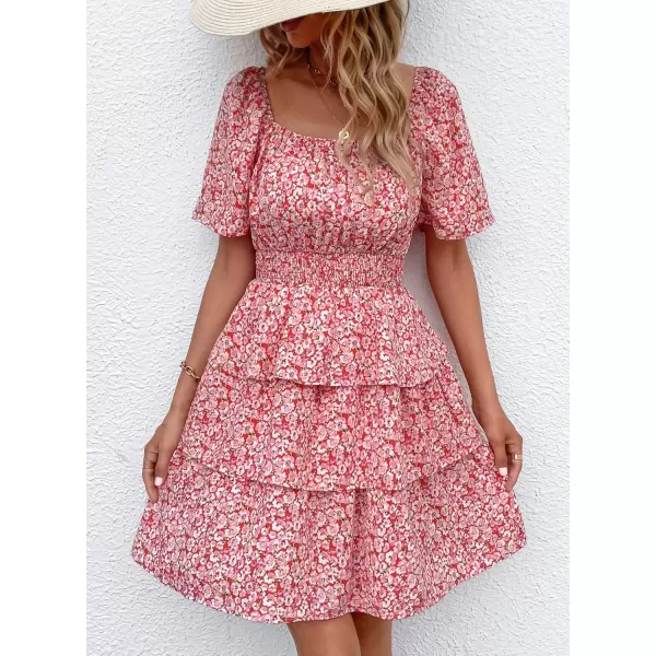 imagePRETTYGARDEN Womens 2024 Floral Summer Short Dress Square Neck Short Sleeve Tiered Ruffle Boho Swing DressesRed Pink Floral