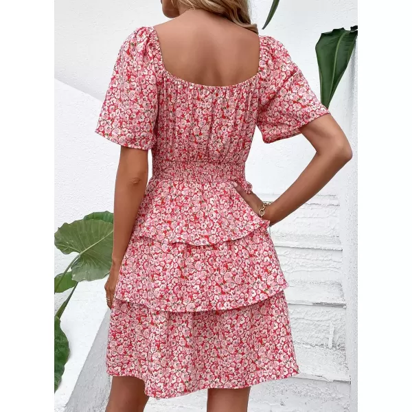 imagePRETTYGARDEN Womens 2024 Floral Summer Short Dress Square Neck Short Sleeve Tiered Ruffle Boho Swing DressesRed Pink Floral