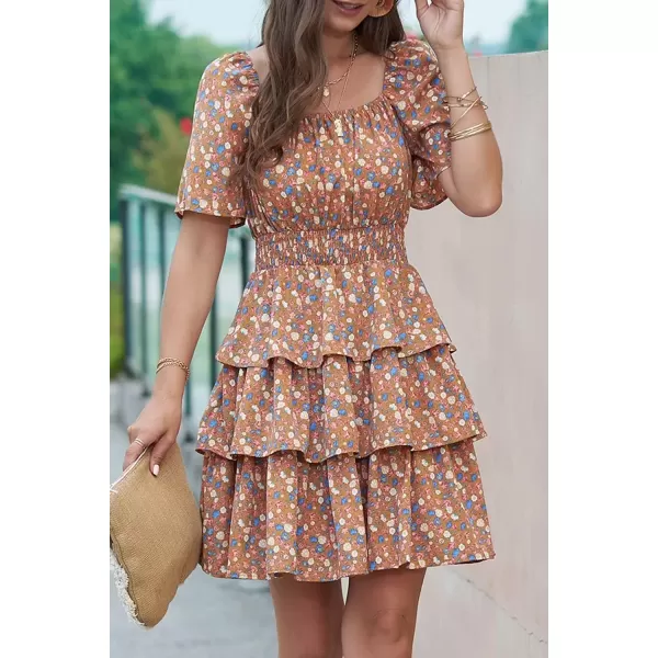 imagePRETTYGARDEN Womens 2024 Floral Summer Short Dress Square Neck Short Sleeve Tiered Ruffle Boho Swing DressesTurmeric