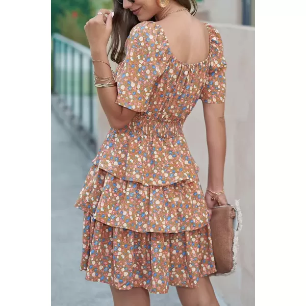 imagePRETTYGARDEN Womens 2024 Floral Summer Short Dress Square Neck Short Sleeve Tiered Ruffle Boho Swing DressesTurmeric