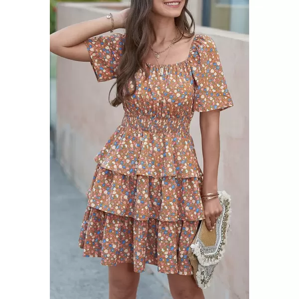 imagePRETTYGARDEN Womens 2024 Floral Summer Short Dress Square Neck Short Sleeve Tiered Ruffle Boho Swing DressesTurmeric