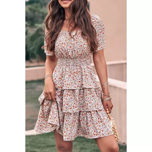 imagePRETTYGARDEN Womens 2024 Floral Summer Short Dress Square Neck Short Sleeve Tiered Ruffle Boho Swing DressesWhite