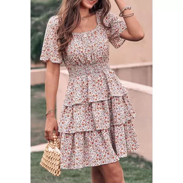 imagePRETTYGARDEN Womens 2024 Floral Summer Short Dress Square Neck Short Sleeve Tiered Ruffle Boho Swing DressesWhite