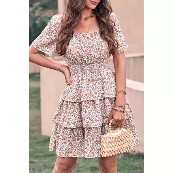 imagePRETTYGARDEN Womens 2024 Floral Summer Short Dress Square Neck Short Sleeve Tiered Ruffle Boho Swing DressesWhite