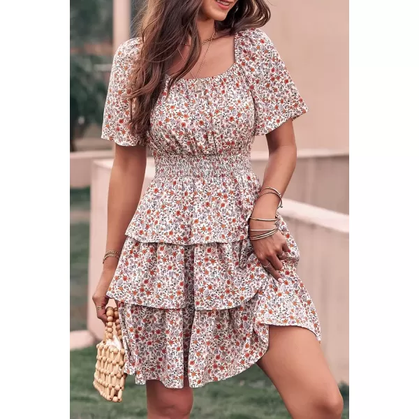 imagePRETTYGARDEN Womens 2024 Floral Summer Short Dress Square Neck Short Sleeve Tiered Ruffle Boho Swing DressesWhite