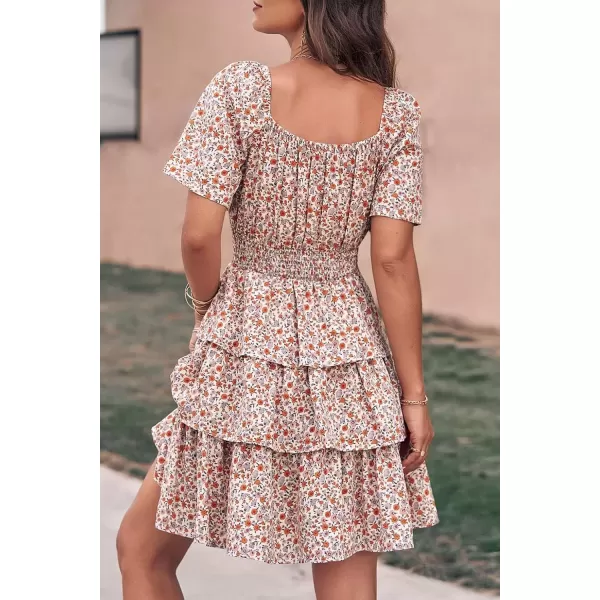 imagePRETTYGARDEN Womens 2024 Floral Summer Short Dress Square Neck Short Sleeve Tiered Ruffle Boho Swing DressesWhite