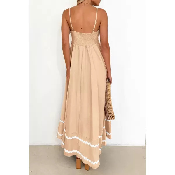 imagePRETTYGARDEN Womens 2024 Summer Flowy Maxi Dress Casual Sleeveless Spaghetti Strap Ruffle Beach Long DressesBeige