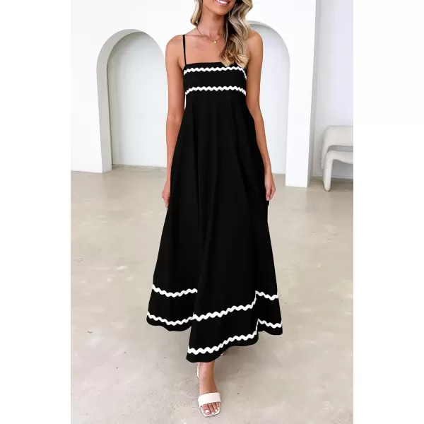 imagePRETTYGARDEN Womens 2024 Summer Flowy Maxi Dress Casual Sleeveless Spaghetti Strap Ruffle Beach Long DressesBlack
