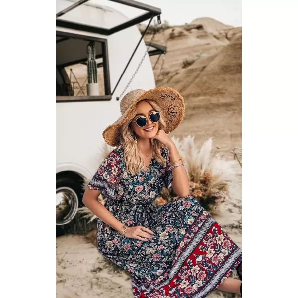imagePRETTYGARDEN Womens Casual Summer Boho Floral Print Dress V Neck Short Sleeve High Waist Long Maxi Beach DressesBlack
