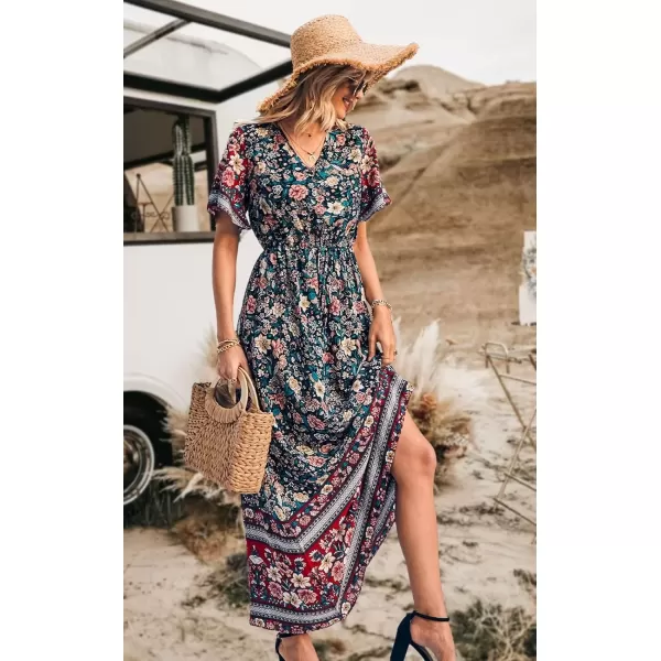 imagePRETTYGARDEN Womens Casual Summer Boho Floral Print Dress V Neck Short Sleeve High Waist Long Maxi Beach DressesBlack