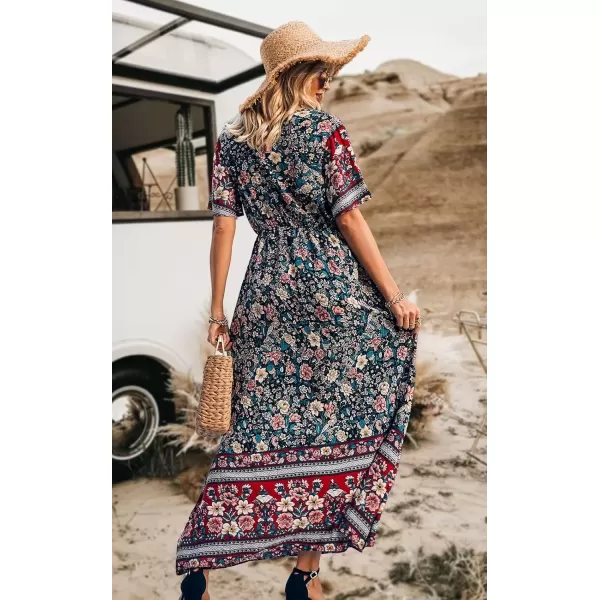 imagePRETTYGARDEN Womens Casual Summer Boho Floral Print Dress V Neck Short Sleeve High Waist Long Maxi Beach DressesBlack