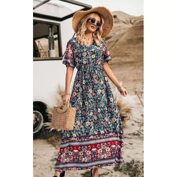 imagePRETTYGARDEN Womens Casual Summer Boho Floral Print Dress V Neck Short Sleeve High Waist Long Maxi Beach DressesBlack
