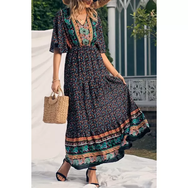 imagePRETTYGARDEN Womens Casual Summer Boho Floral Print Dress V Neck Short Sleeve High Waist Long Maxi Beach DressesBlack Floral