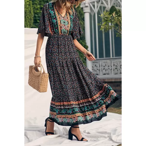imagePRETTYGARDEN Womens Casual Summer Boho Floral Print Dress V Neck Short Sleeve High Waist Long Maxi Beach DressesBlack Floral