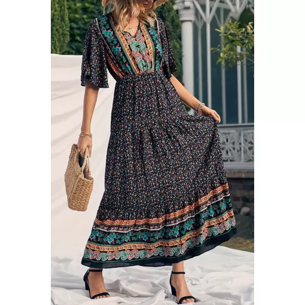 imagePRETTYGARDEN Womens Casual Summer Boho Floral Print Dress V Neck Short Sleeve High Waist Long Maxi Beach DressesBlack Floral