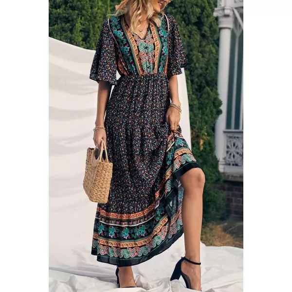 imagePRETTYGARDEN Womens Casual Summer Boho Floral Print Dress V Neck Short Sleeve High Waist Long Maxi Beach DressesBlack Floral