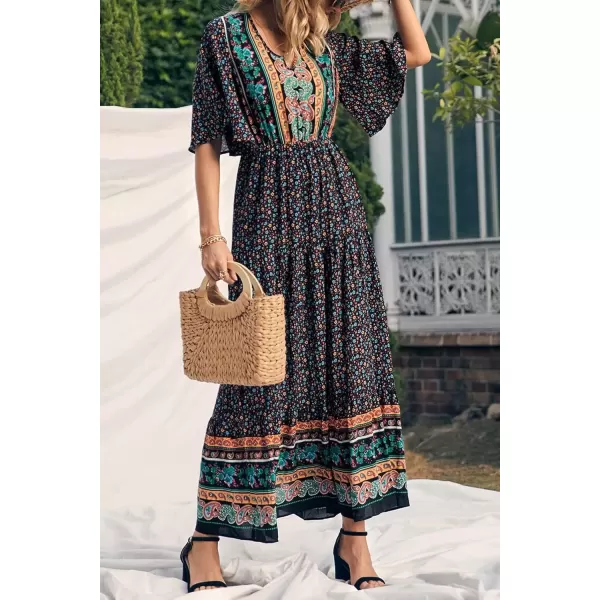 imagePRETTYGARDEN Womens Casual Summer Boho Floral Print Dress V Neck Short Sleeve High Waist Long Maxi Beach DressesBlack Floral