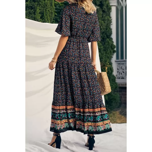 imagePRETTYGARDEN Womens Casual Summer Boho Floral Print Dress V Neck Short Sleeve High Waist Long Maxi Beach DressesBlack Floral