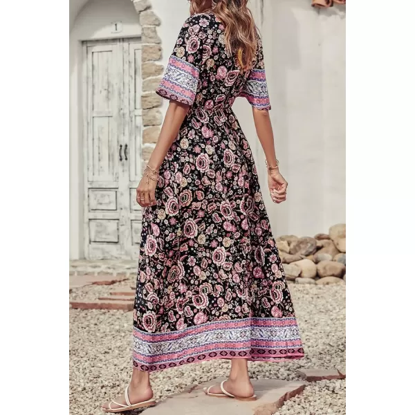 imagePRETTYGARDEN Womens Casual Summer Boho Floral Print Dress V Neck Short Sleeve High Waist Long Maxi Beach DressesBlack Pink Floral