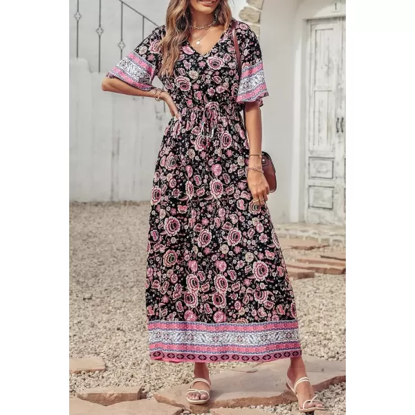 imagePRETTYGARDEN Womens Casual Summer Boho Floral Print Dress V Neck Short Sleeve High Waist Long Maxi Beach DressesBlack Pink Floral