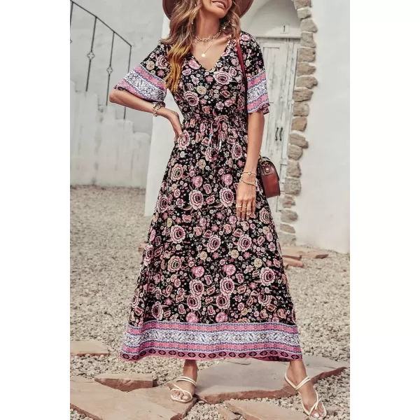 imagePRETTYGARDEN Womens Casual Summer Boho Floral Print Dress V Neck Short Sleeve High Waist Long Maxi Beach DressesBlack Pink Floral