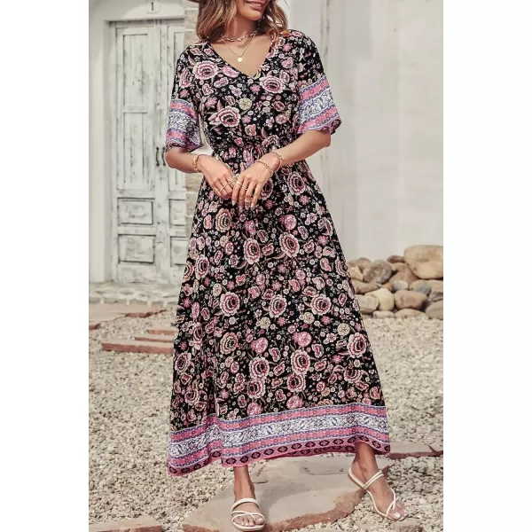 imagePRETTYGARDEN Womens Casual Summer Boho Floral Print Dress V Neck Short Sleeve High Waist Long Maxi Beach DressesBlack Pink Floral