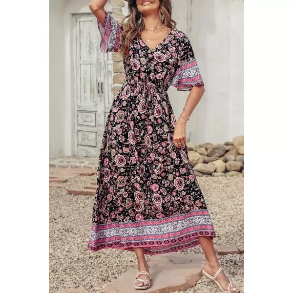 imagePRETTYGARDEN Womens Casual Summer Boho Floral Print Dress V Neck Short Sleeve High Waist Long Maxi Beach DressesBlack Pink Floral