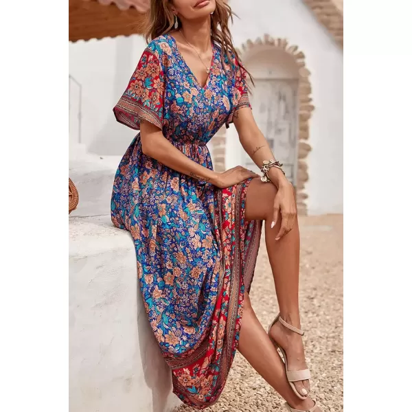 imagePRETTYGARDEN Womens Casual Summer Boho Floral Print Dress V Neck Short Sleeve High Waist Long Maxi Beach DressesBlue